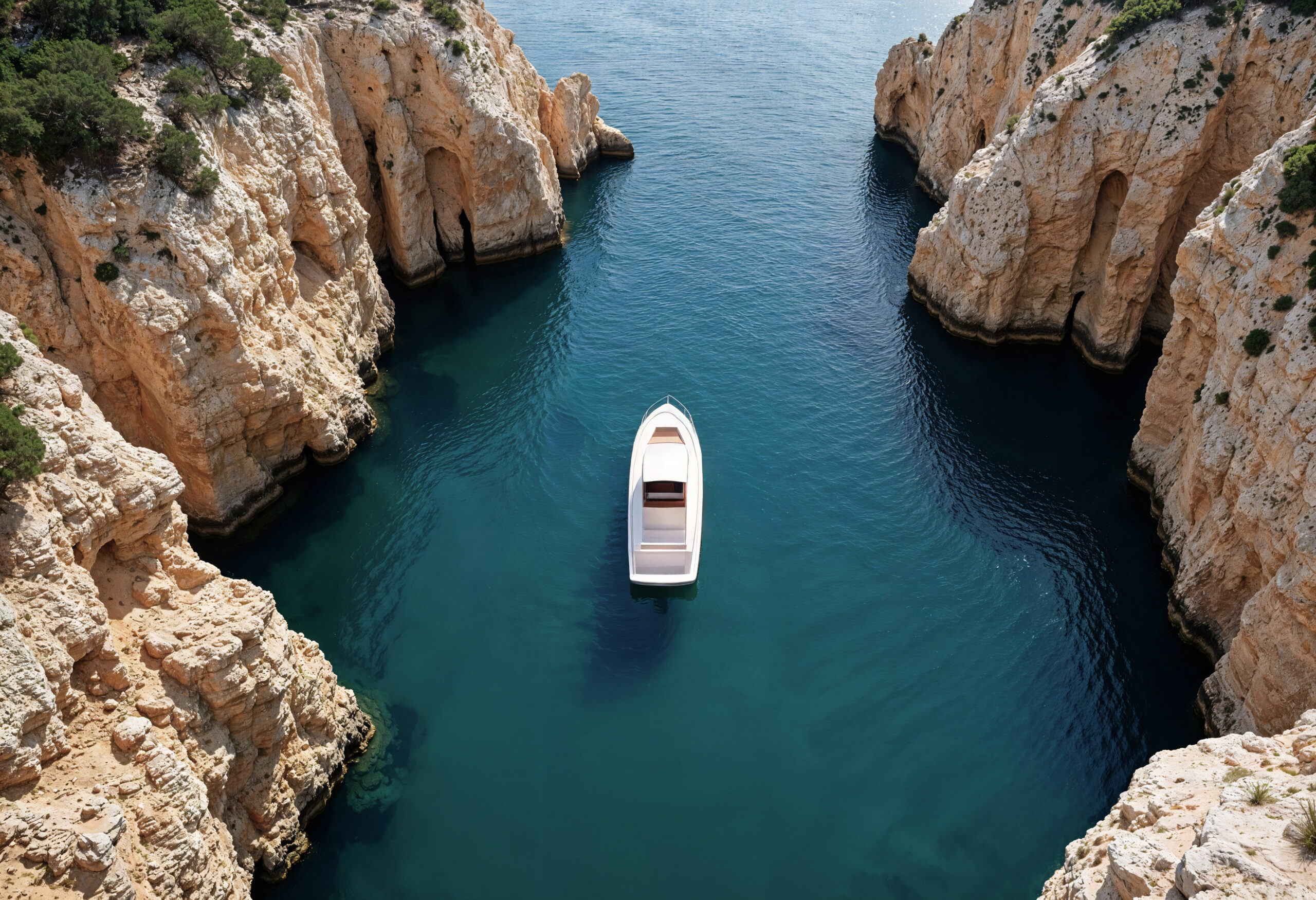 Private yacht cruising between the volcanic cliffs of the Santorini caldera