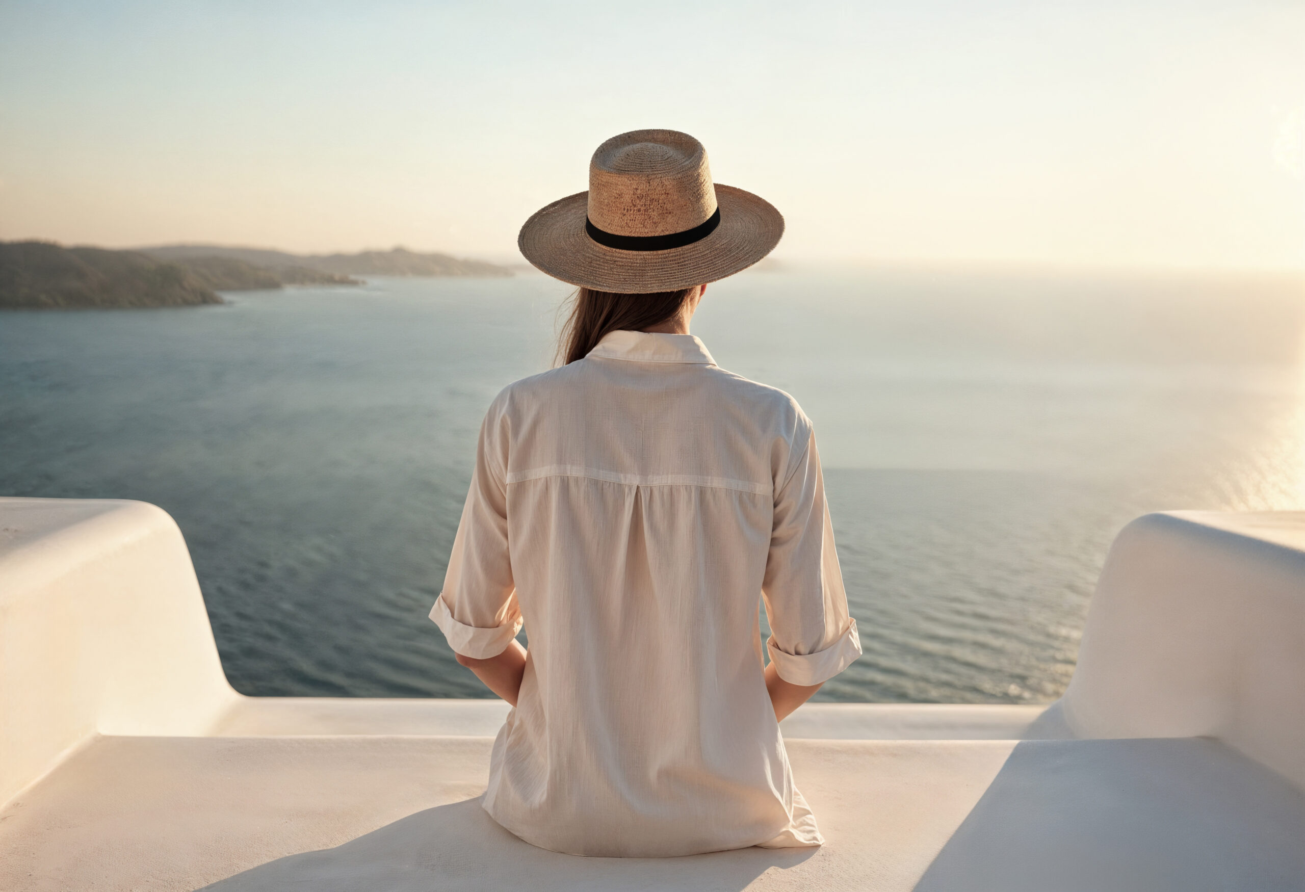 Woman enjoying the Santorini caldera view on a romantic getaway
